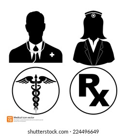 Silhouette vector medical icon doctor and nurse avatar profile picture with Caduceus sign and Rx medicine sign