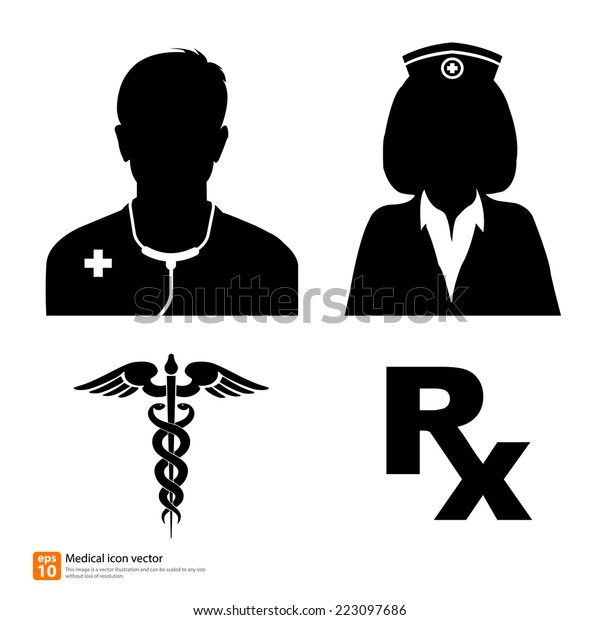 シルエットベクター医学アイコン医師と看護師のアバターのプロフィール写真 カデューセス記号とrx医学記号付き のベクター画像素材 ロイヤリティフリー