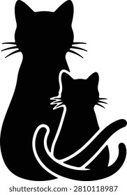 Silhouette vector mother cat and small kitten sitting together from back design