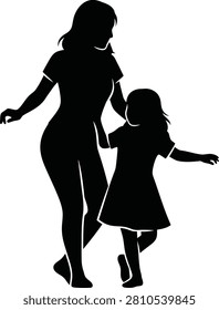Silhouette vector mother and daughter walking together in playful design