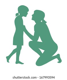 Silhouette Vector Of Mother Kneeling Talking To Daughter On First Day Of School