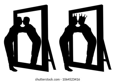 Silhouette vector of a narcissistic man hugging his reflection in the mirror. The concept of narcissism and selfishness
