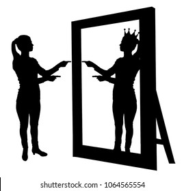 Silhouette vector of a narcissistic woman raises her self-esteem in front of a mirror. The concept of narcissism and selfishness
