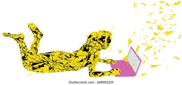 Silhouette vector over white with clipping path. Woman laying on floor with laptop.
