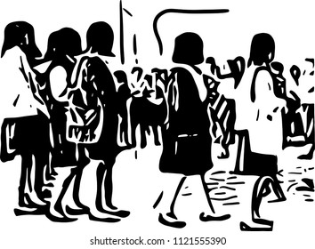 Silhouette vector of people walking in a row on white background.