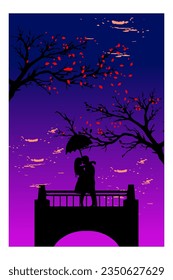 silhouette of vector portrait background.romantic couple carrying umbrella on top of tall building under clear sky,red flowering trees add harmony and natural beauty.