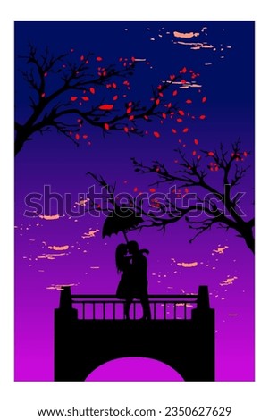 silhouette of vector portrait background.romantic couple carrying umbrella on top of tall building under clear sky,red flowering trees add harmony and natural beauty.
