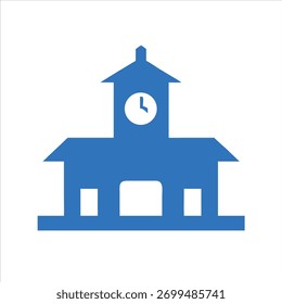 "Vetor de silhueta plana de uma estação ferroviária com uma torre de relógio e plataforma telhada sobre fundo branco."