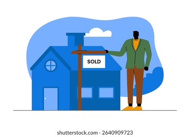 Silhouette vector of a real estate agent posing beside a sold property