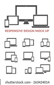 Silhouette vector responsive web design kit. Smartphone, desktop computer, laptop and tablet PC icons and combinations. 