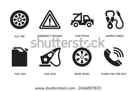 Silhouette Vector Roadside Assistance Icons Set Flat Tire, Tow Truck, Emergency Triangle, Car Jack, Spare Wheel
