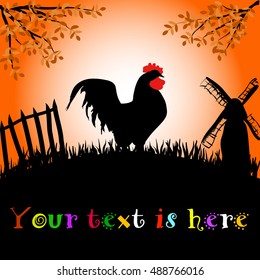Silhouette of a vector rooster or cock. Greeting card with symbol of New Year. Farm with a mill and a fence 