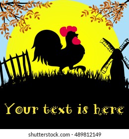 Silhouette of a vector rooster or cock. Greeting card with symbol of New Year. Farm with a mill and a fence 