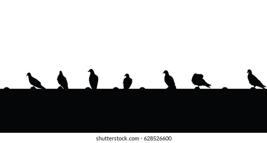 Silhouette vector of a row of pigeons on a house roof.