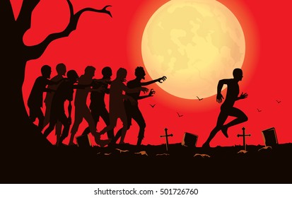 Silhouette Vector Runner Run Away From Zombie Group In The Graveyard.