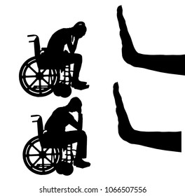 Silhouette vector of sad disabled woman and man in wheelchair and hand gesture stop. The concept of discrimination and disrespect for people with disabilities