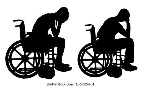 Silhouette vector of a sad disabled woman and man in a wheelchair crying. The concept of people with disabilities experiencing grief for the loss of health