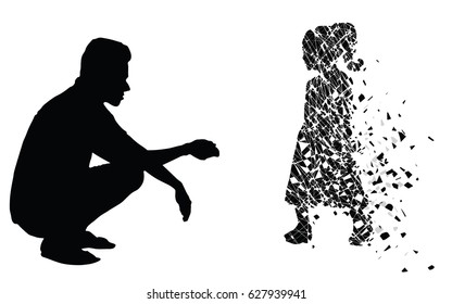 Silhouette vector of Sad man sitting missing his lost daughter looking the empty