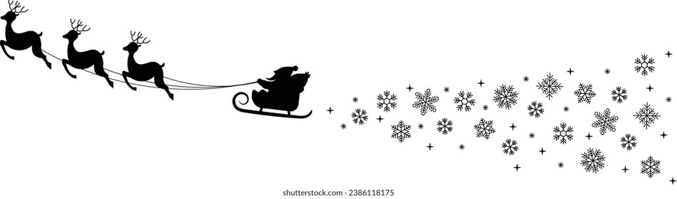 Silhouette of a vector Santa Claus with reindeer pulling and snowflake