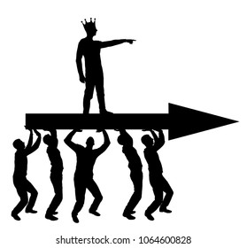 The silhouette vector of a selfish man with a crown on his head indicates to people who carry him, where to move. The concept of selfish behavior towards other people