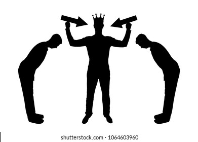 Silhouette vector of a selfish man with a crown on his head is trying to attract attention. The servants worship him. The concept of a selfish and narcissistic personality