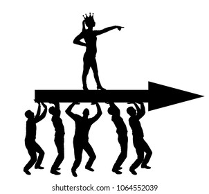 Silhouette vector of a selfish woman with a crown on her head indicates to the men who carry her, where to move. The concept of selfish behavior towards other people
