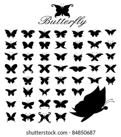 Silhouette Vector set of 50 butterflies.