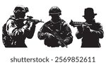 Silhouette vector set of an American soldier holding a gun. On white background
