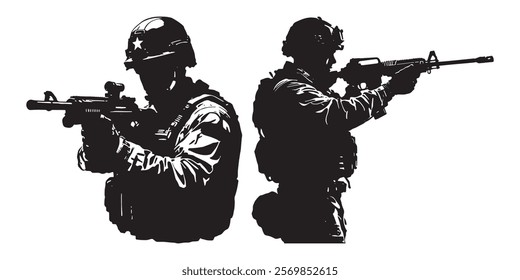 Silhouette vector set of an American soldier holding a gun. On white background