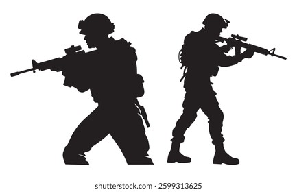 Silhouette vector set of an American soldier holding a gun. On white background