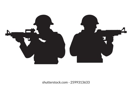 Silhouette vector set of an American soldier holding a gun. On white background