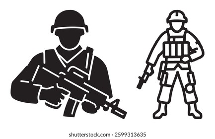 Silhouette vector set of an American soldier holding a gun. On white background