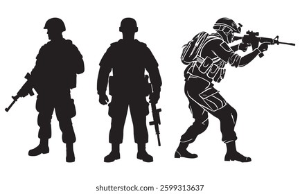 Silhouette vector set of an American soldier holding a gun. On white background