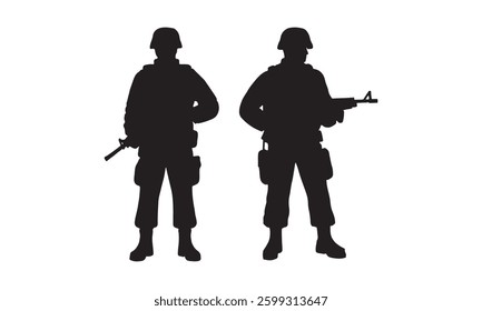 Silhouette vector set of an American soldier holding a gun. On white background