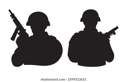 Silhouette vector set of an American soldier holding a gun. On white background