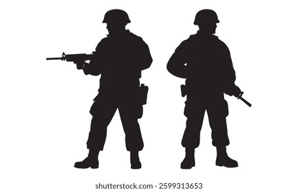 Silhouette vector set of an American soldier holding a gun. On white background