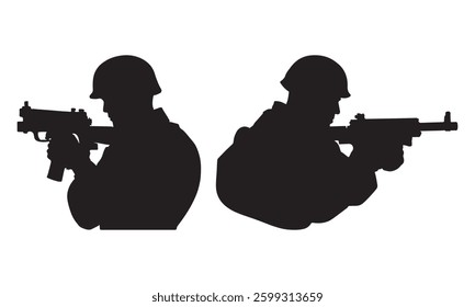 Silhouette vector set of an American soldier holding a gun. On white background