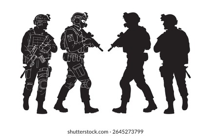 Conjunto de Vector de silueta de soldado estadounidense con pistola. Sobre fondo blanco	