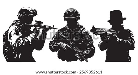 Silhouette vector set of an American soldier holding a gun. On white background