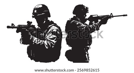 Silhouette vector set of an American soldier holding a gun. On white background