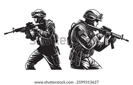 Silhouette vector set of an American soldier holding a gun. On white background