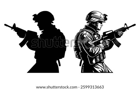 Silhouette vector set of an American soldier holding a gun. On white background