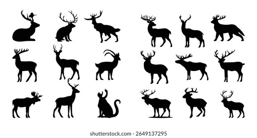 Silhueta Vetor Conjunto de Veado, Alce e Alce com Antlers Vida Selvagem Ícones Animais

