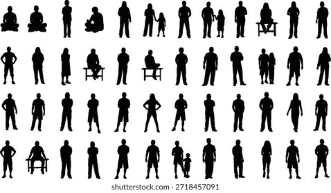 Conjunto de Vector de silueta de personas diversas, sentado, de pie, caminando, grupos familiares, poses casuales, estilo de vida urbano, Formas negras, aislado sobre fondo blanco, Elementos de diseño editables, colección Clipart