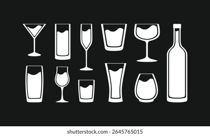 Silhueta vetor conjunto de copos de bebida e garrafa em branco sobre fundo preto. Inclui ícones de vinho, coquetel, champanhe e whiskey glass. Ótimo para designs de bar, pub ou menu.