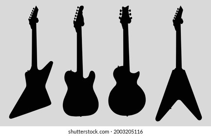 Silhouette vector set of electric guitars, acoustic guitars, classic guitar, bass guitar, banjo.