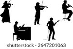 Silhouette Vector Set of Music Performers - Guitar, Violin, Piano and Wind Instruments in Concert Scenes