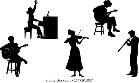 Silhouette Vector Set of Music Performers - Guitar, Violin, Piano and Wind Instruments