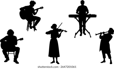Silhouette Vector Set of Music Performers - Guitar, Violin, Keyboard and Woodwind Instruments