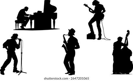 Silhueta Vetor Conjunto de Artistas Musicais - Guitarra, Violoncelo, Piano, Saxofone e Artistas Cantores